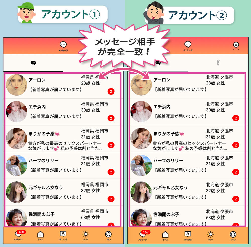 ご近所ホットを二つのアカウントで比較すると女性から届くメッセージが完全に一致した証拠画像