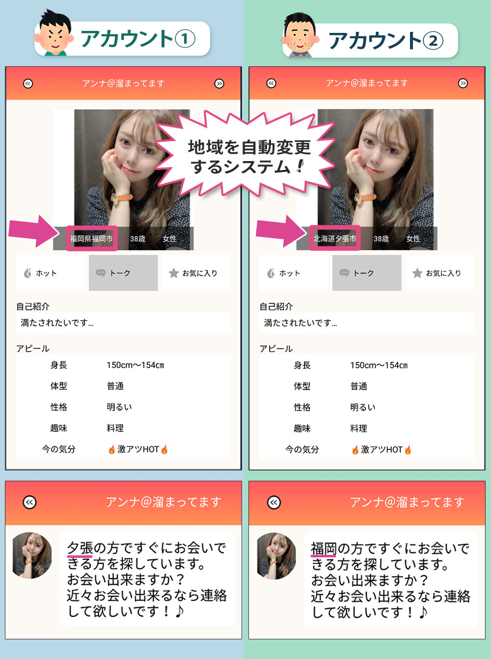 ご近所ホットのサクラプロフィールを二つのアカウントで比較