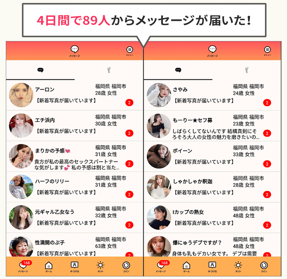 ご近所ホットは4日間で89人からメッセージが届いた証拠画像