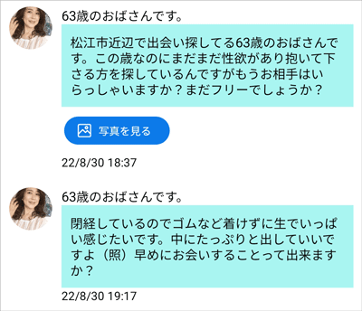 人妻チャットのサクラ「63歳のおばさんです。」
