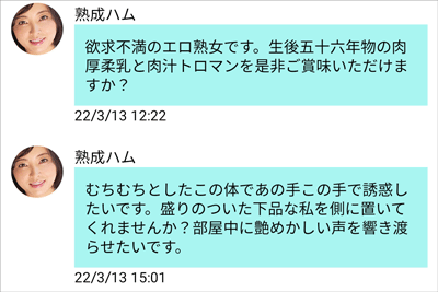 人妻チャットのサクラ「熟成ハム」