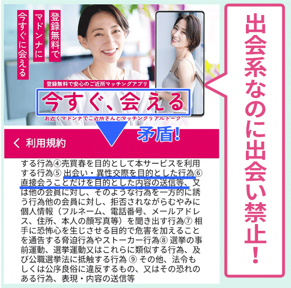 お近くマドンナは出会いを推奨しているが規約で出会いを禁止している証拠画像 