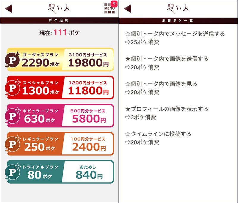 想い人の料金表とポイント表