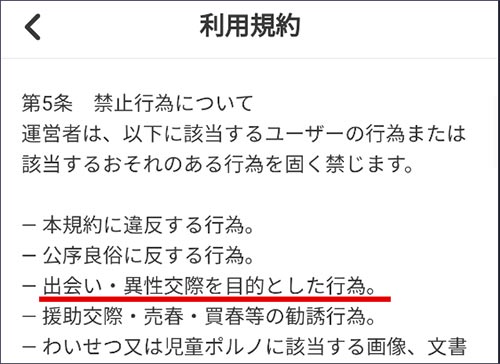 タダフレ規約の禁止行為「出会い・異性交際を目的とした行為」