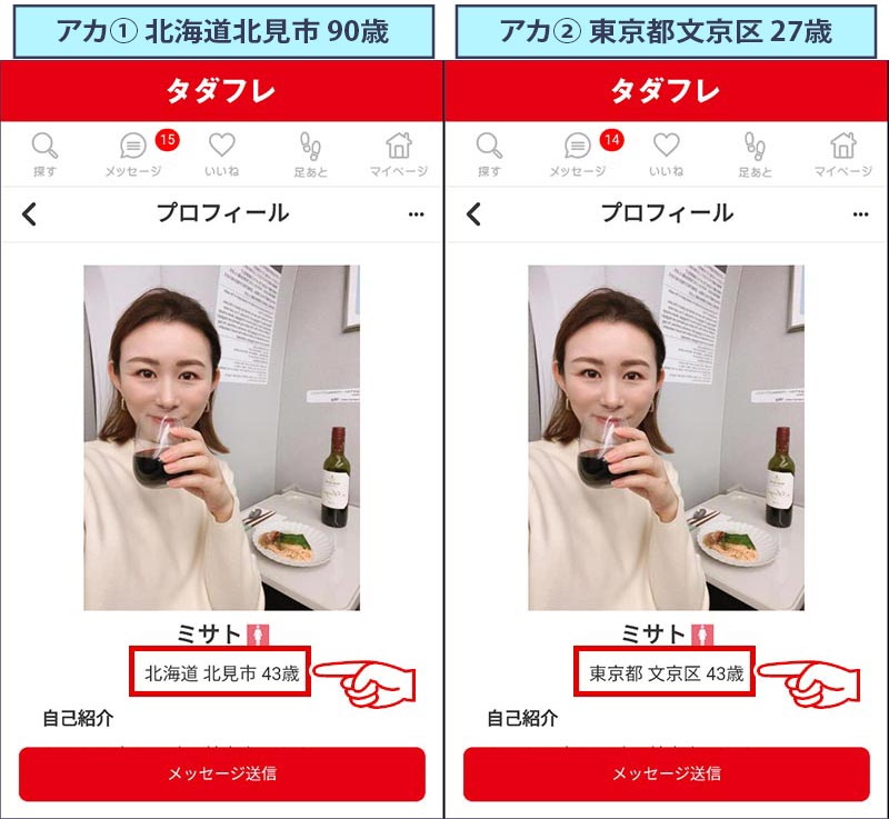 タダフレのサクラのプロフィールを二つのアカウントで比較