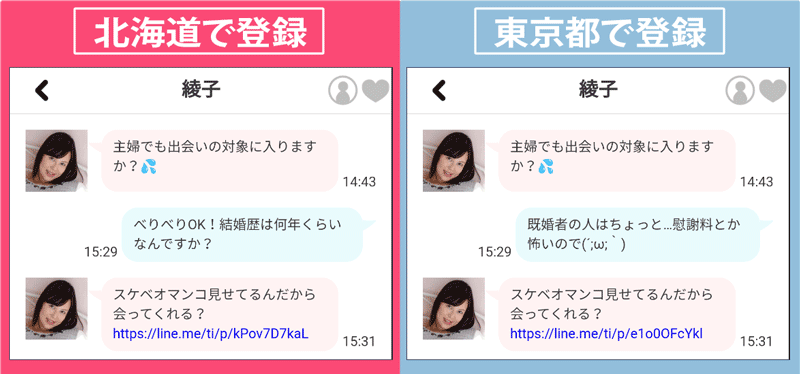 二つのアカウントでサクラと会話の比較