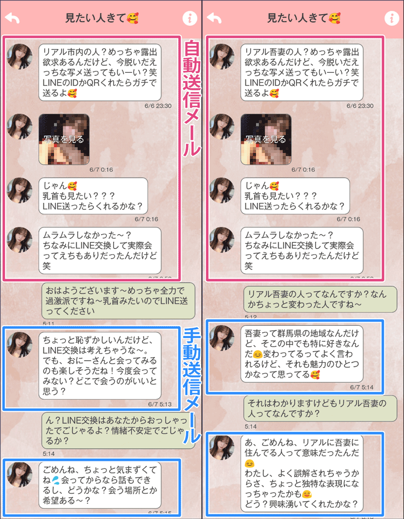 サクラとの会話を二つのアカウントで比較して自動メールと手動メールの調査